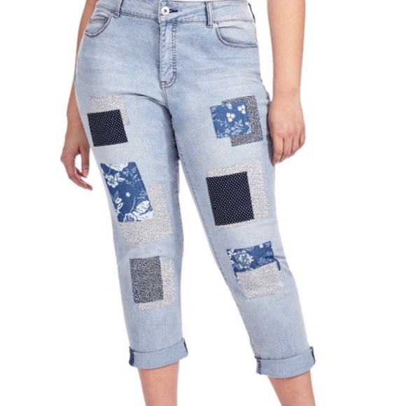 American Rag Denim - AR | Patchwork Plus Size Med-Light Wash Mid-High Rise Cropped Ankle Boho Jeans